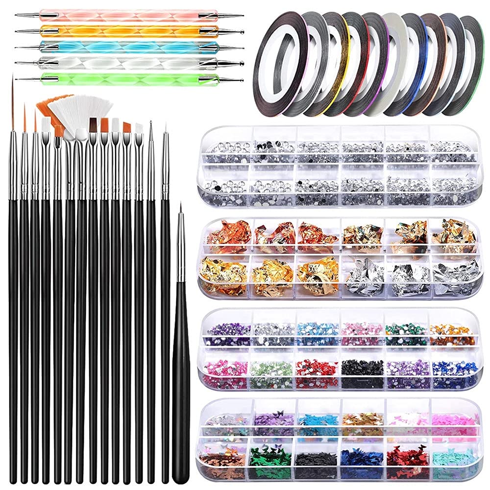 MAYCREATE Nail Art Stamping Kit with 39pcs Brushes Dotting Tools and Rhinestones | Starter Set for DIY Nail Designs