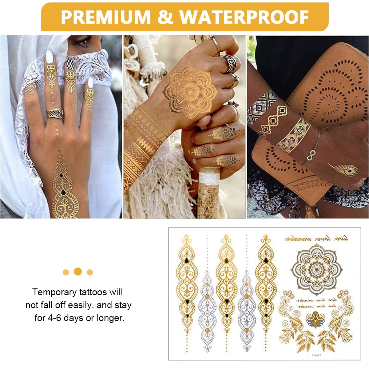 MAYCREATE® 12 Sheets Tattoo Sticker Creative Element Temporary Tattoos Stickers Golden Tatto Stickers Assorted Henna Art Tattoo Sticker for Body Art Tattoos Art Waterproof Temporary