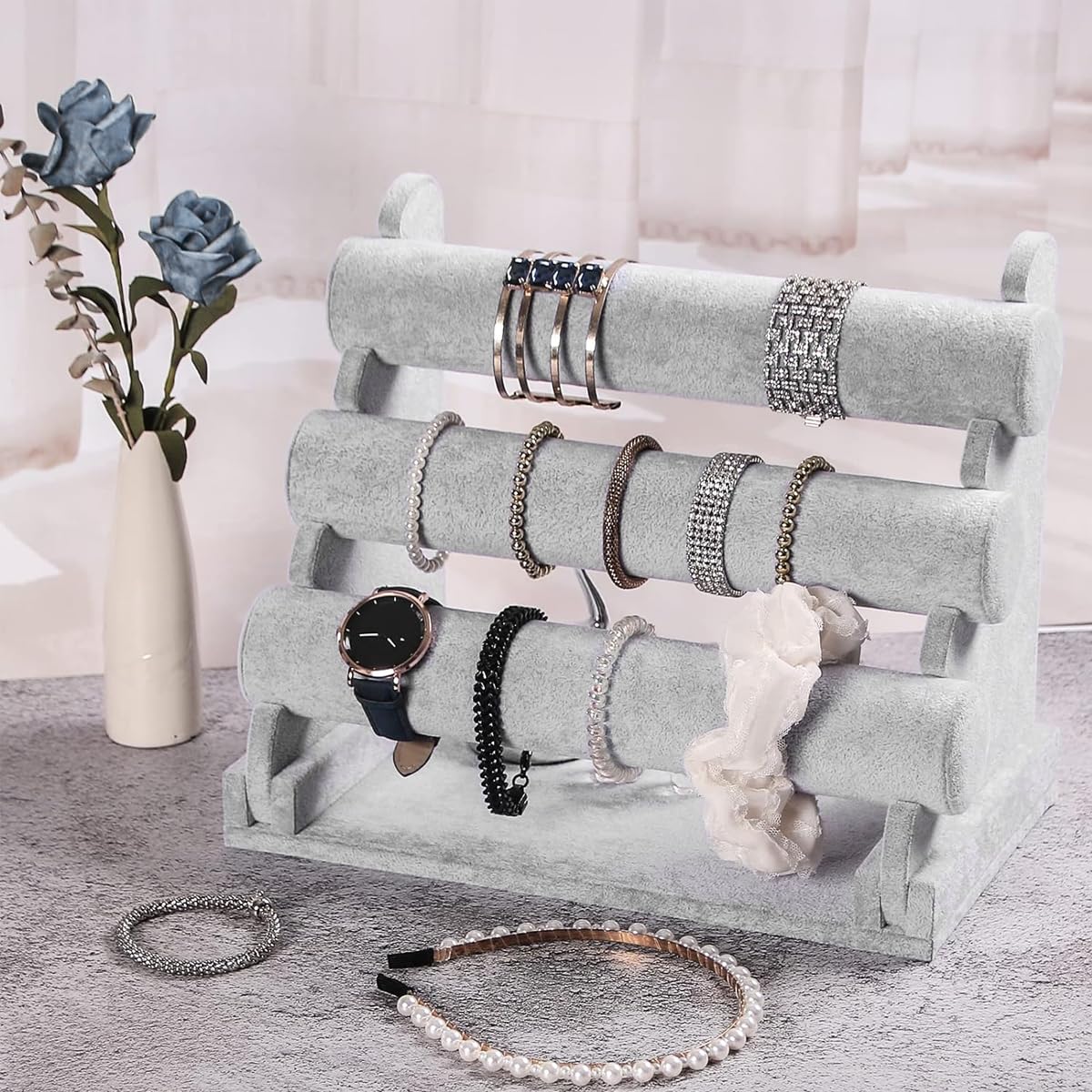 MAYCREATE Bracelet Holder Organizer 3 Tier Jewelry Display Stand with Velvet Grey Bars | 2PCS Desk Showcase for Watches and Bangles