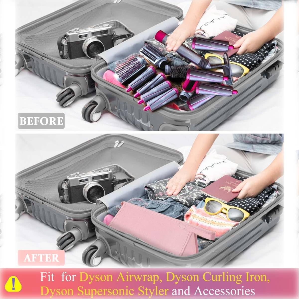MAYCREATE PU Leather Travel Case for Airwrap Styler featuring 2 Compartments and 39.5×22 cm Size | Waterproof Pink Storage Bag