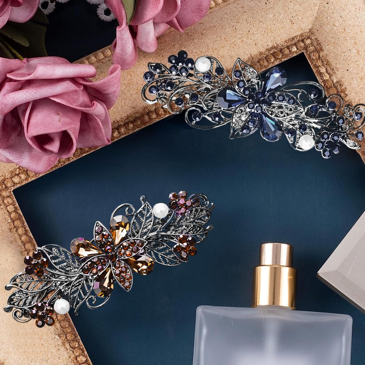 MAYCREATE Hair Accessories for Women featuring 2Pcs 3.5 in Rhinestone Snap Barrettes | Floral Alloy Clips