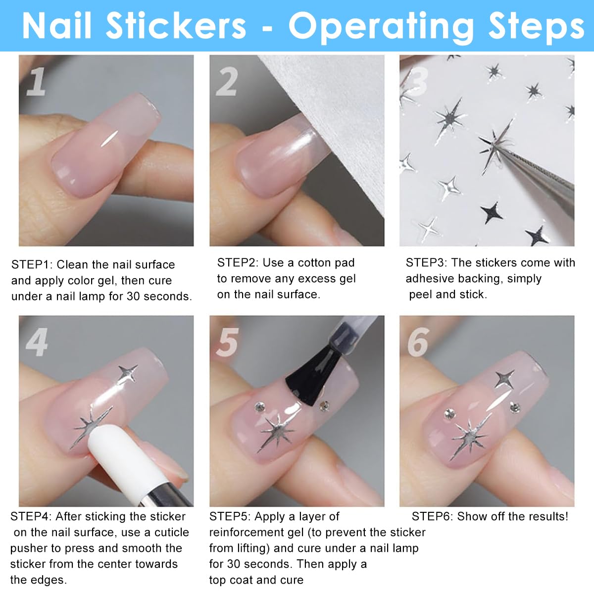 MAYCREATE Nail Decal Stickers for DIY Manicure with 6 Sheets Silver Star Heart Designs | Self Adhesive
