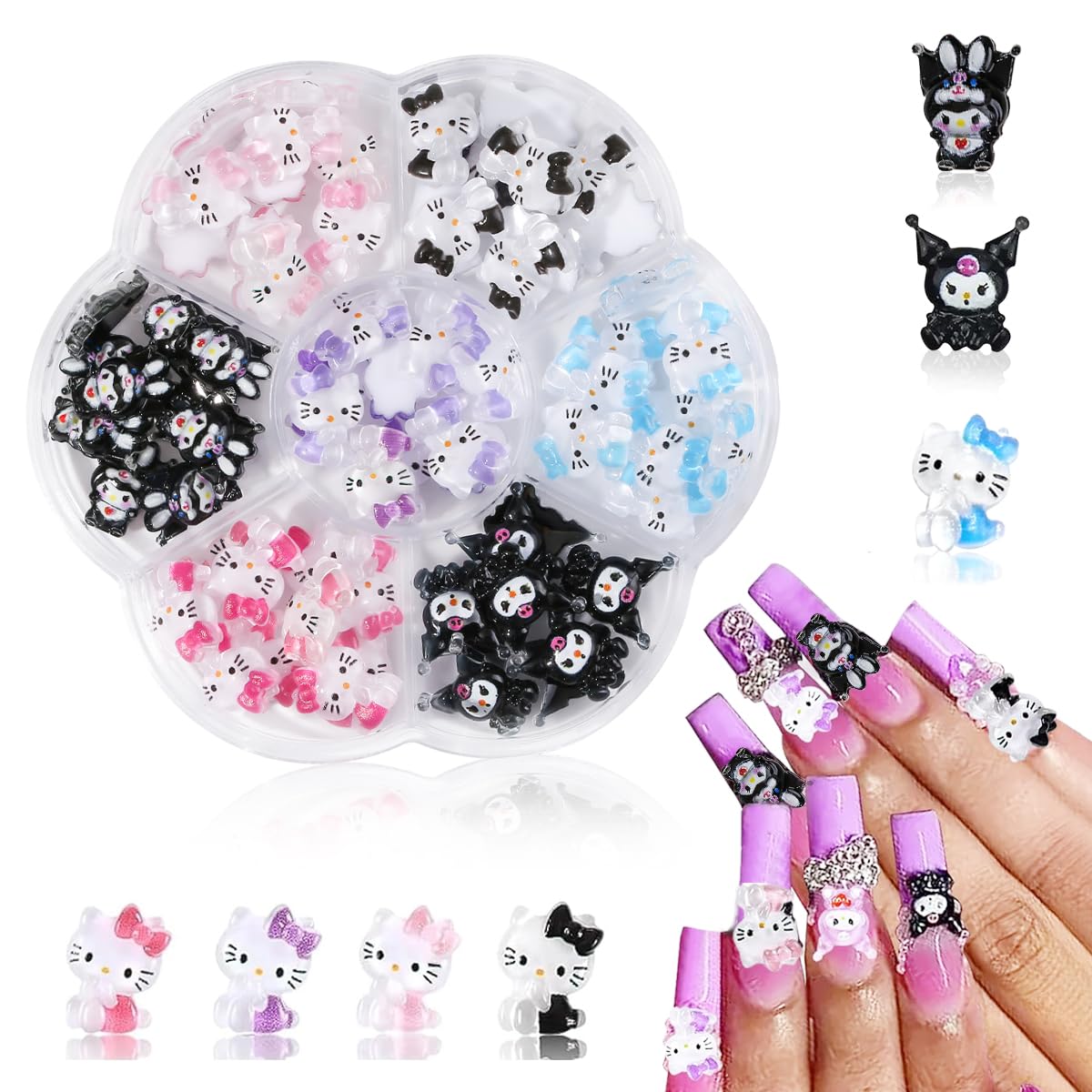 MAYCREATE® 70Pcs 3D Nail Decals Flatback Nail Decal Charms Sanrio Nail Decal Charms 7 Designs Kuromi and Kitty Themed Resin Cartoon Nail Decals Charms for DIY Nail Art, DIY Handcrafts, Decorations