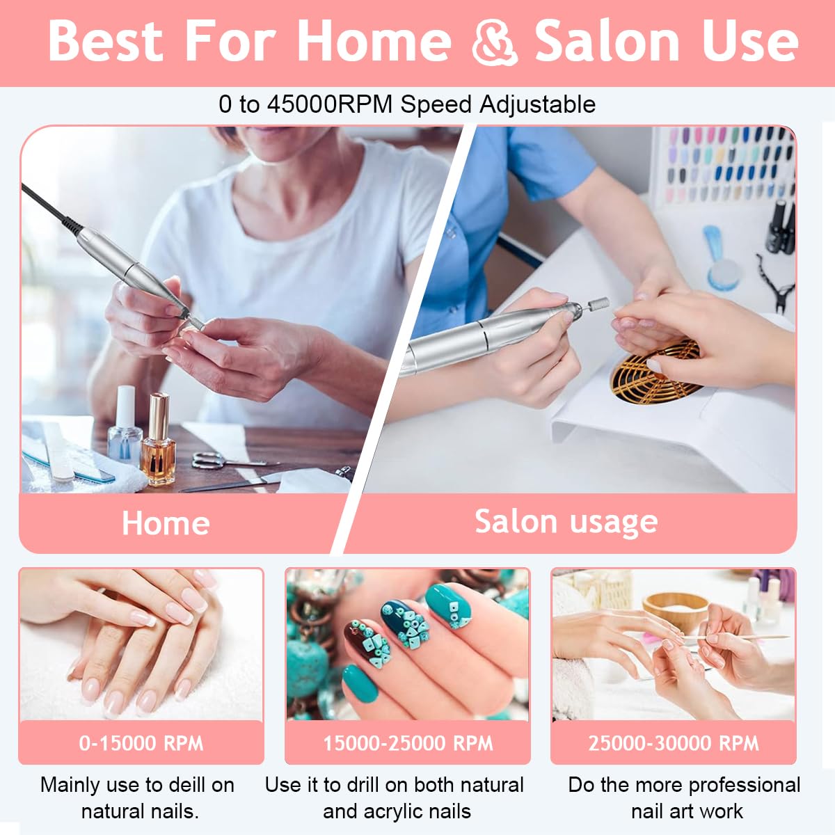 MAYCREATE Cordless Nail File for Acrylic and Gel Nails with 45000RPM Power and LCD Display