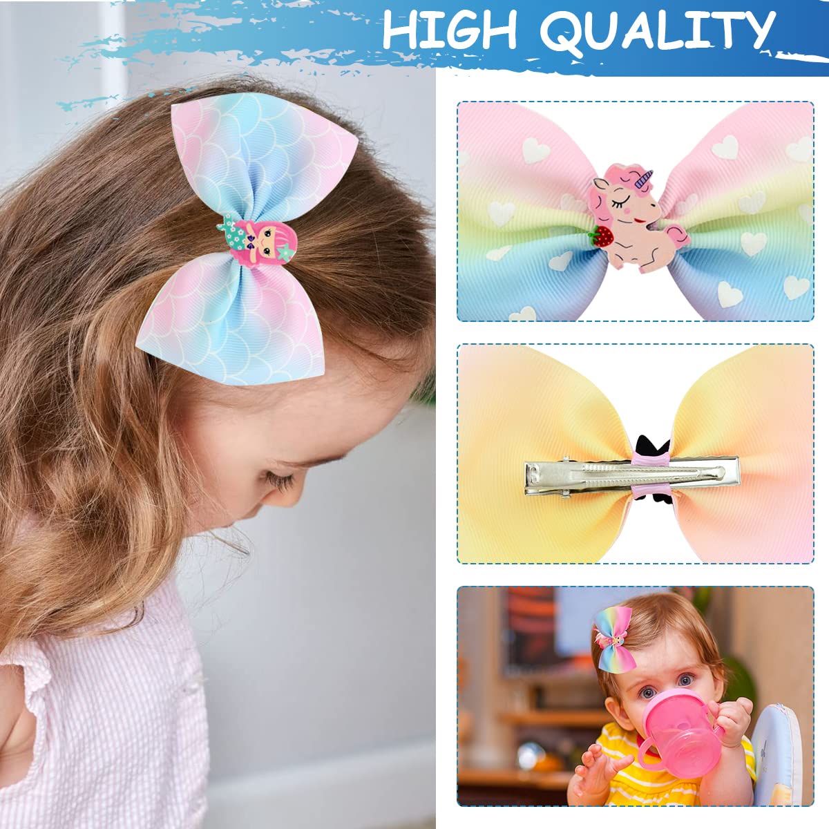 MAYCREATE® 6 Pcs Hair Bows for Kids Girls Rainbow Alligator Bow Hair Clips Stylish Cartoon Unicorn Mermaid Grosgrain Hair Accessories for Girls