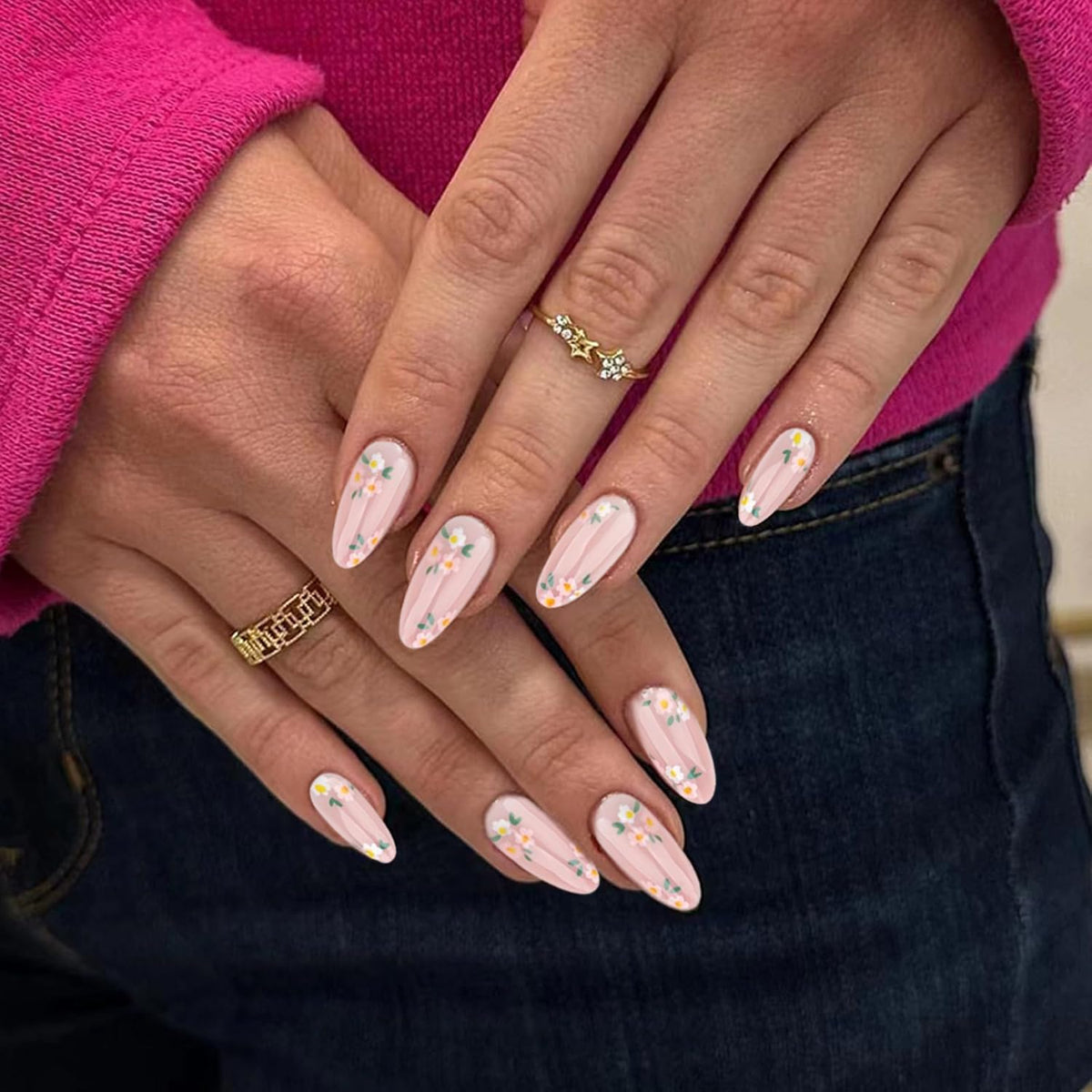 MAYCREATE Press On Nail Set for Everyday Wear with 24Pcs Almond Sizes and Adhesive Tabs | Pink Floral Resin Design