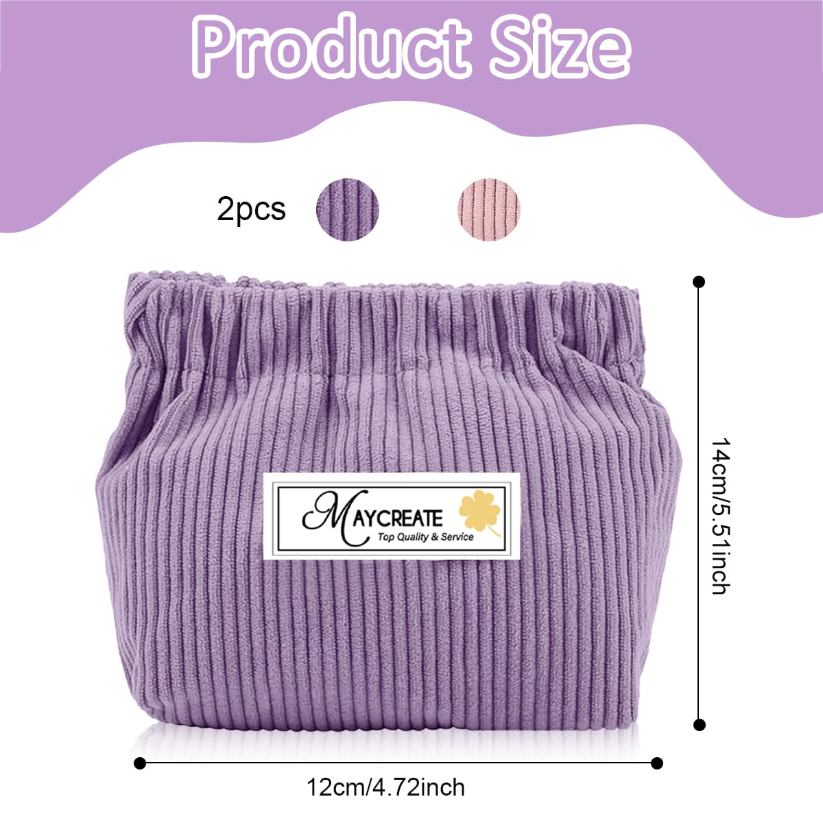MAYCREATE Small Makeup Pouch Set for Travel and Daily Use featuring Self Closing Design | 2pcs 14x12cm Corduroy Bags in Pink and Purple