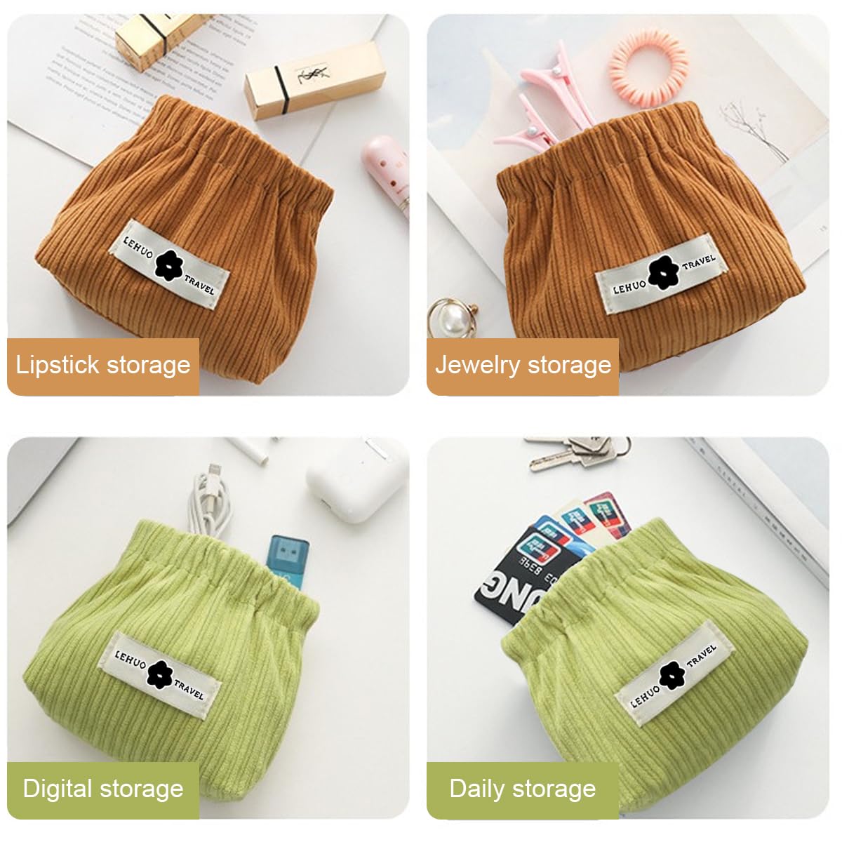 MAYCREATE 2 Pcs Small Pouches for Women Girls, Travel Mini Makeup Pouch, Corduroy Coin Pouch, Squeeze-Open Lipstick Jewelry Storage Bag Hair Accessories Organizer - Coffee & Green