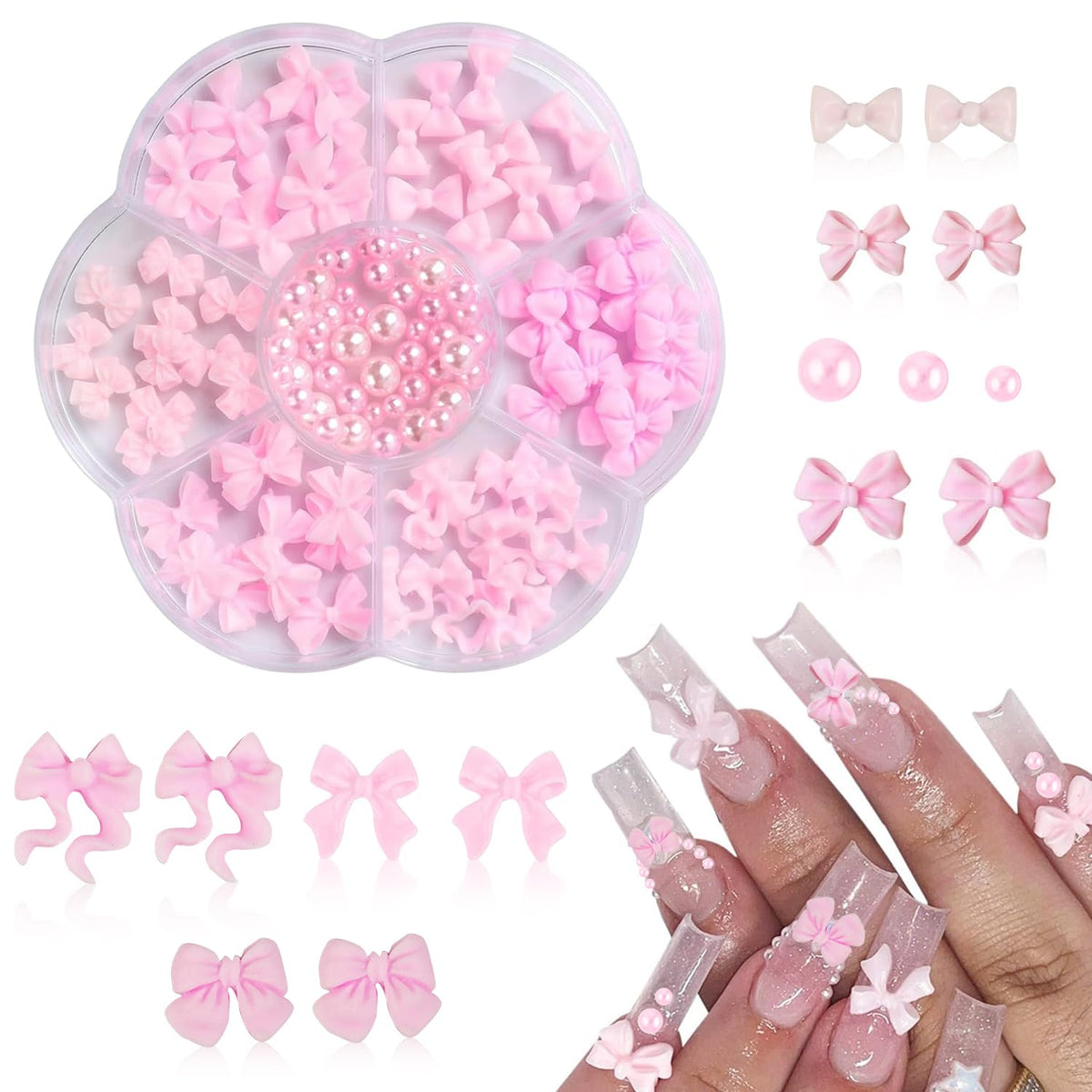 MAYCREATE Bow Nail Charms for DIY Nail Art with 6 Styles and Flatback Pearls | Pink Decoration