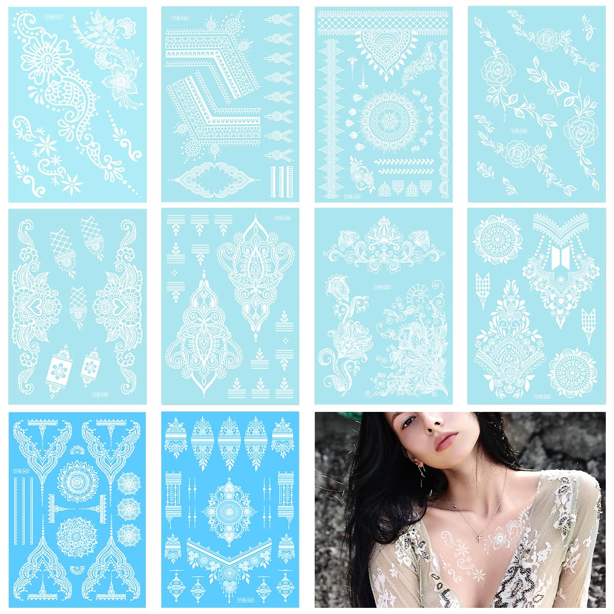 MAYCREATE White Hand Tattoo Stickers for Weddings and Festivals featuring 10 Sheets | Waterproof Temporary Henna for Women and Girls