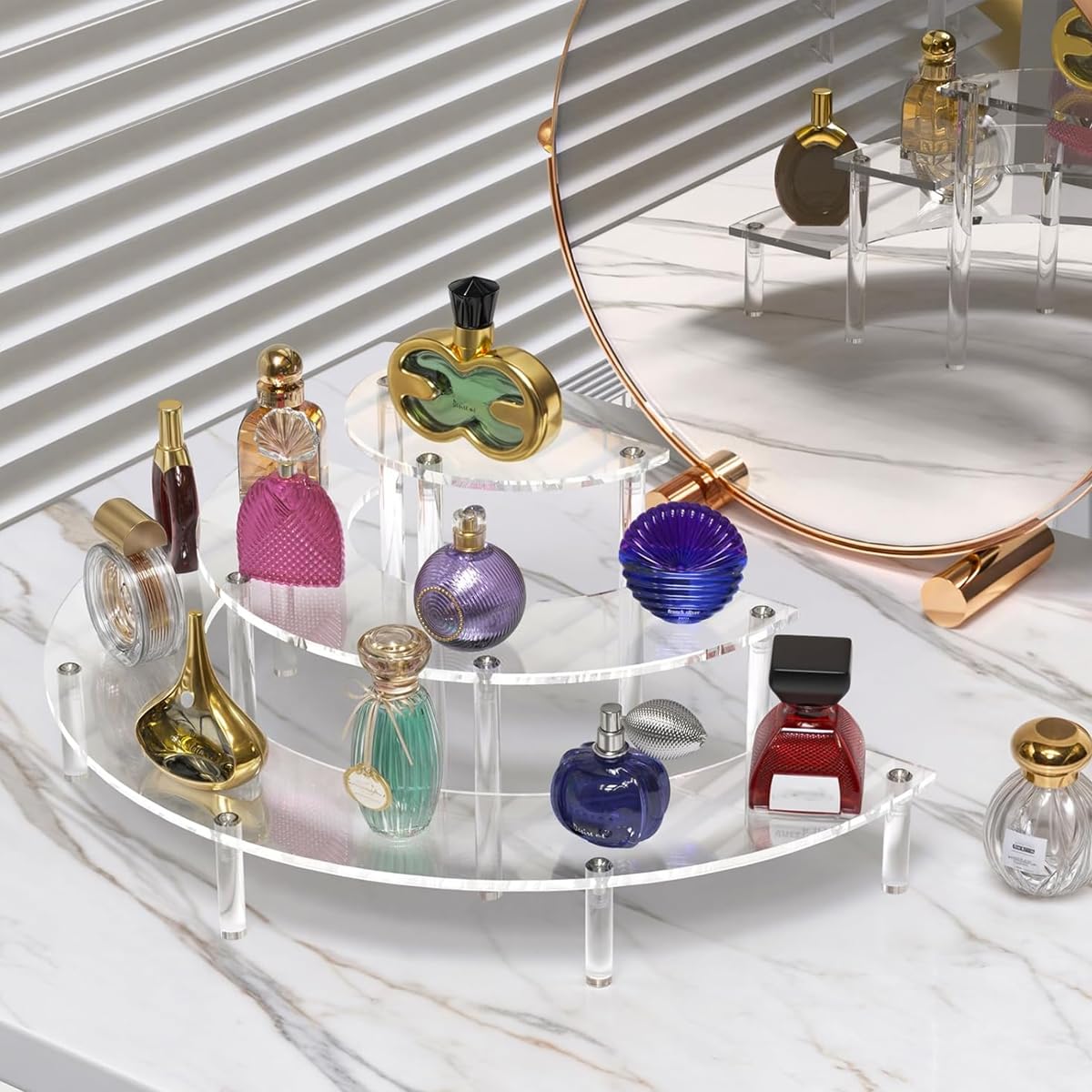 MAYCREATE Acrylic Display Stand for Collectible Figures featuring 3 Tier Semicircle Shelves | Clear Organizer for Desk and Makeup Storage
