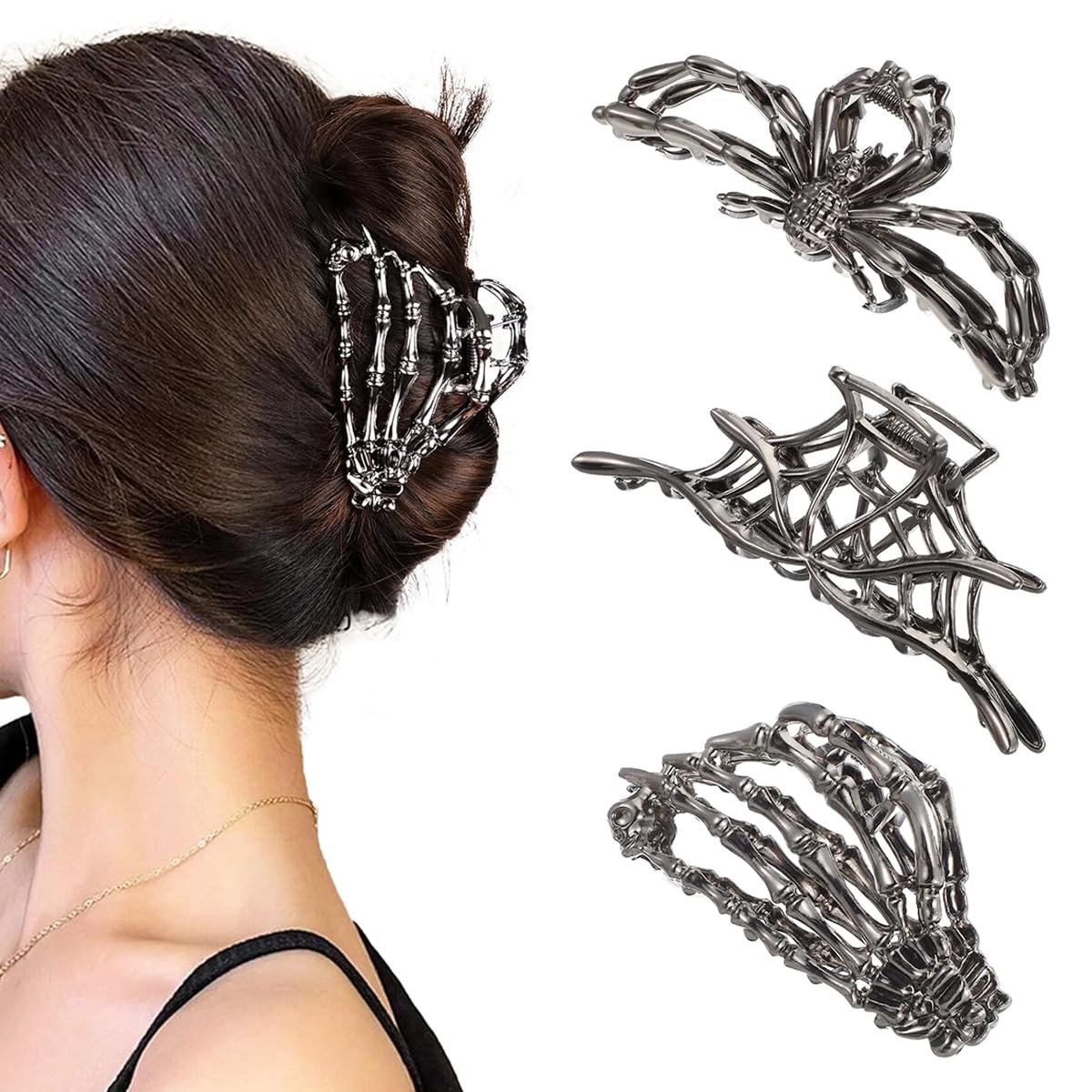 MAYCREATE Gothic Hair Claw Clips for Halloween with Metal Alloy Skeleton Hand Set of 3 | Punk Style Accessories