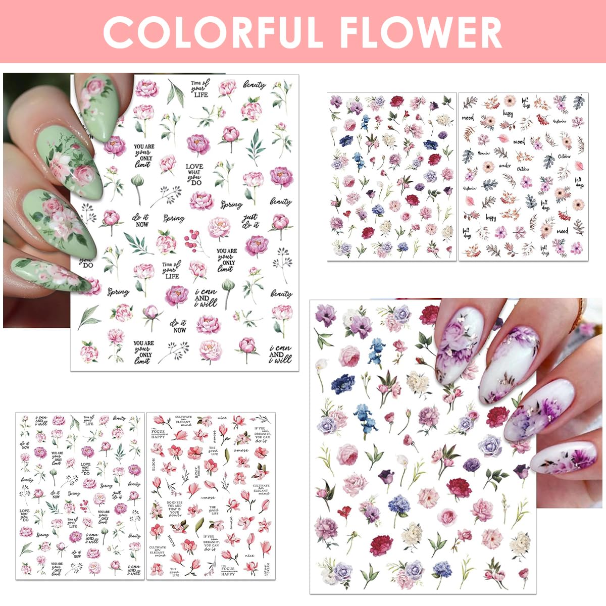 MAYCREATE Nail Art Stickers for DIY Floral Designs with 9 Sheets Self‑Adhesive Decals | Waterproof Nail Decor for Women and Girls