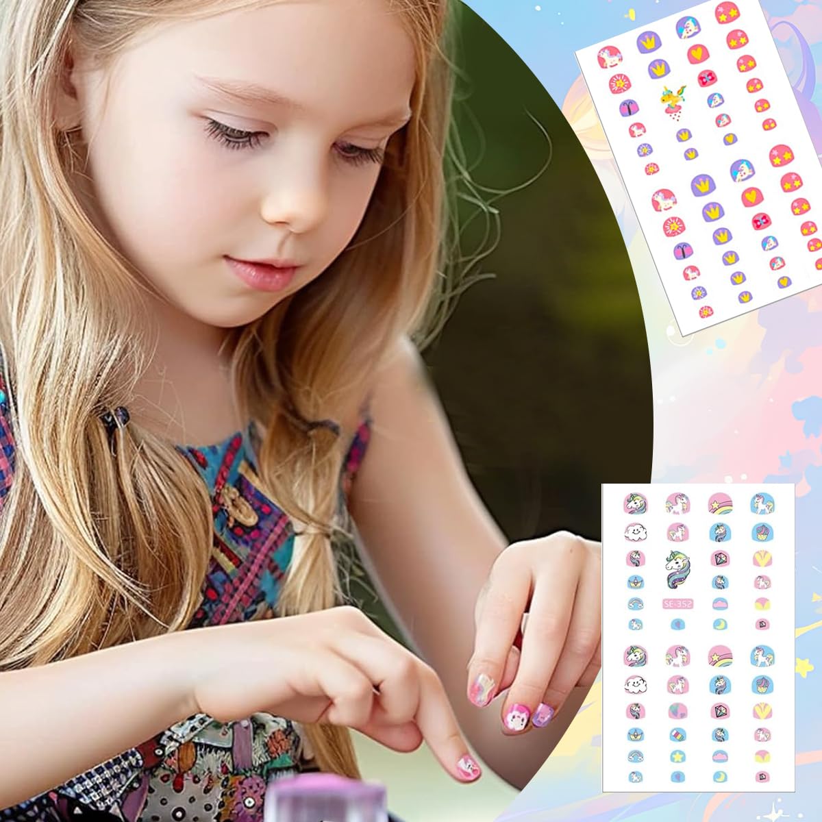 MAYCREATE Nail Stickers for Kids with 6 Sheets Cute Cartoon Unicorn Decals | DIY Party Fun