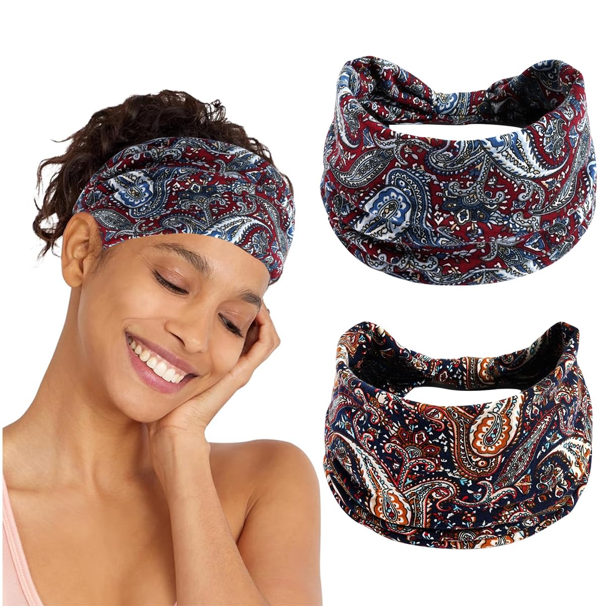 MAYCREATE Sport Headbands for Women with Moisture Wicking Pre Tied Stretch Design | 2 Pack Boho Style for Yoga and Running