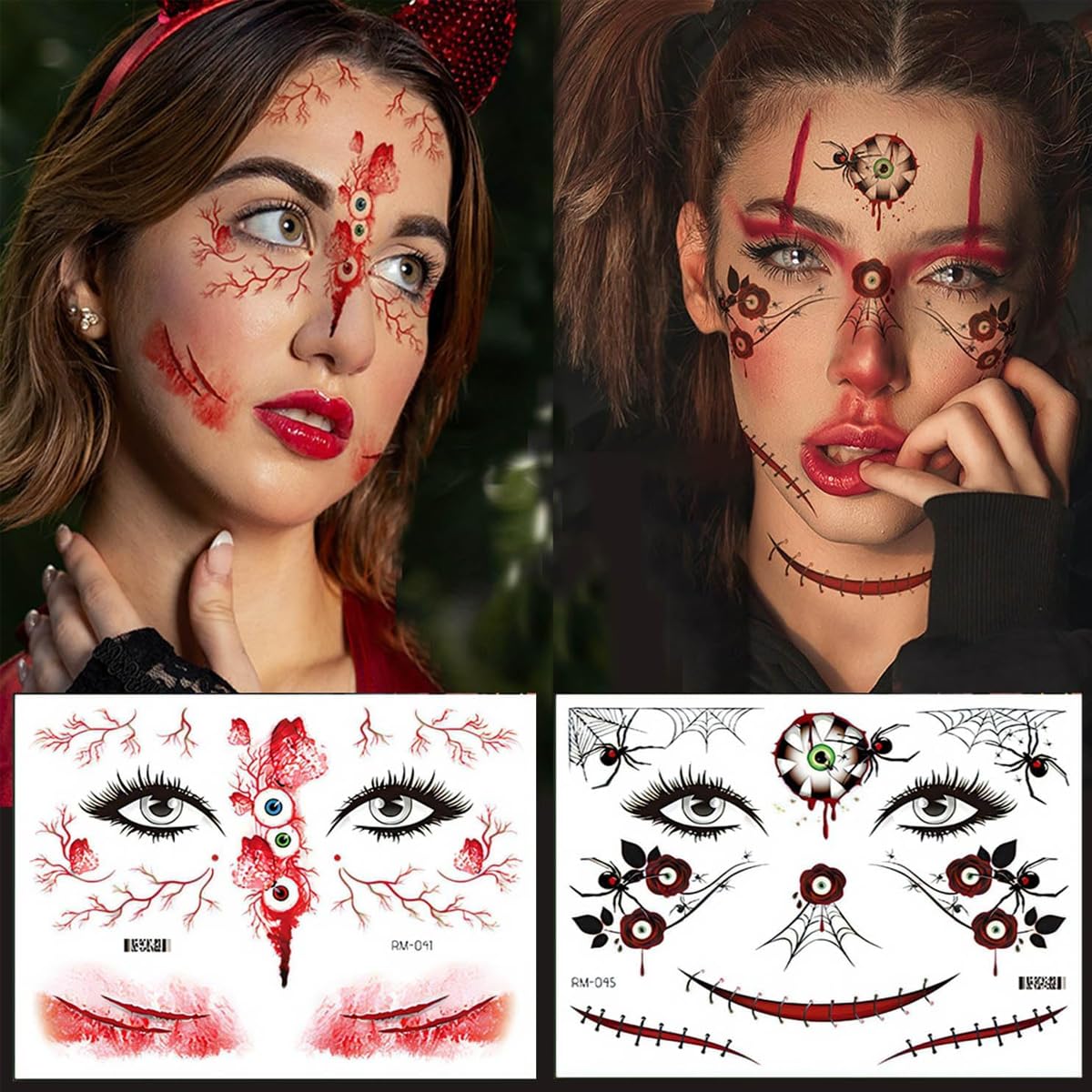 MAYCREATE Halloween Temporary Face Tattoos for Adults with 10 Sheets | Easy Water Application