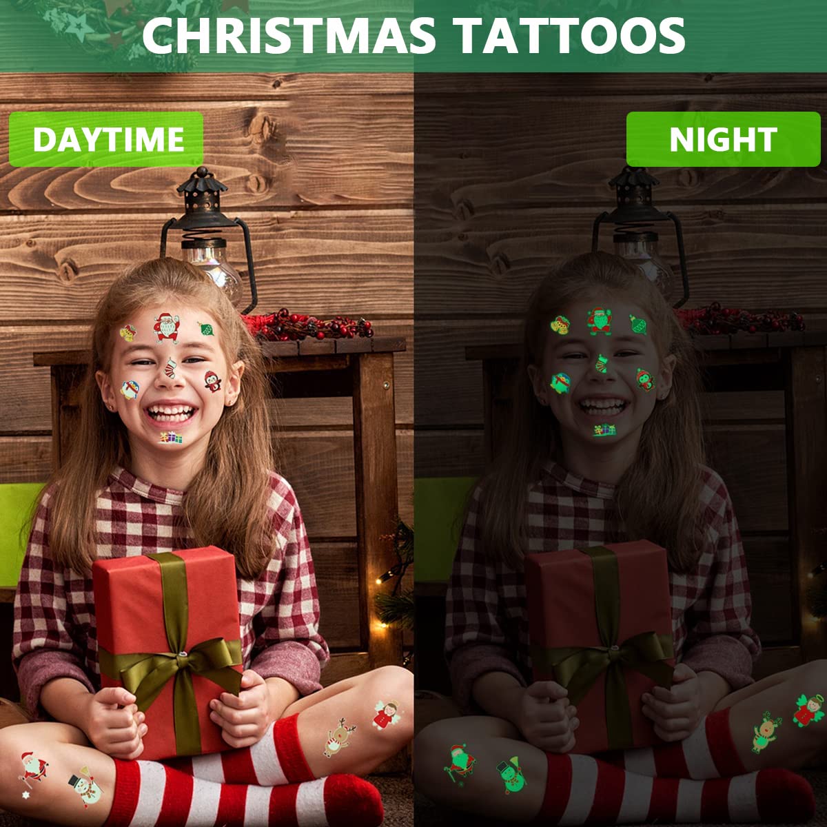 MAYCREATE Temporary Tattoo Stickers for Kids with Waterproof Glow Effect 10 Sheets | Christmas Party and DIY Crafts