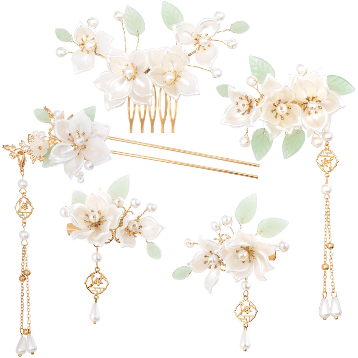MAYCREATE® 5Pcs Camellia Flower Tassels Hair Pin Crystal Rhinestone Pearl Headpiece Retro Brides Hair Accessories for Women Girls Updo Long