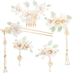 MAYCREATE® 5Pcs Camellia Flower Tassels Hair Pin Crystal Rhinestone Pearl Headpiece Retro Brides Hair Accessories for Women Girls Updo Long