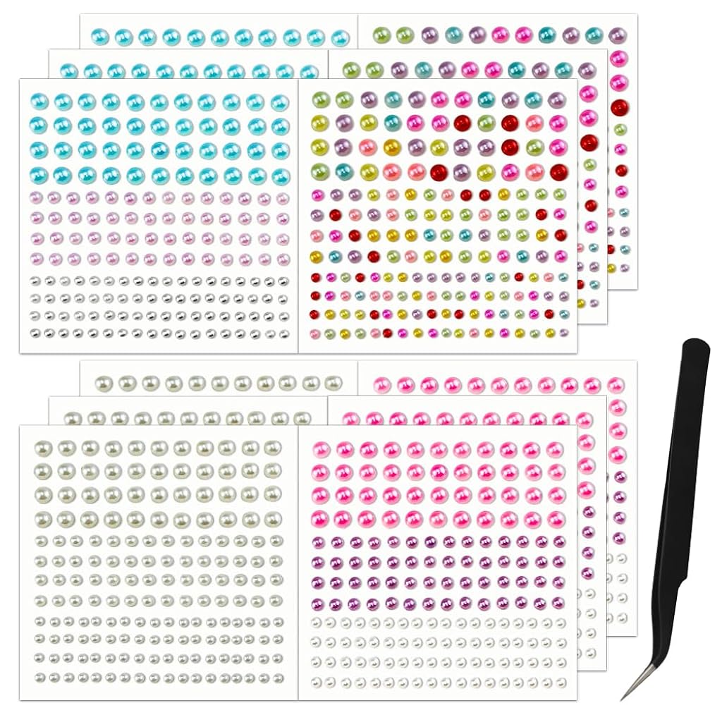MAYCREATE® Pearls Face Gems, 12 Sheet Face Sticker Tweezers Kit, Pearl Makeup Stones, Self Adhesive Pearl Stickers for Face Hair, Colorful Flat Back Mermaid's Tear Beads Stickers for Party, Festivals