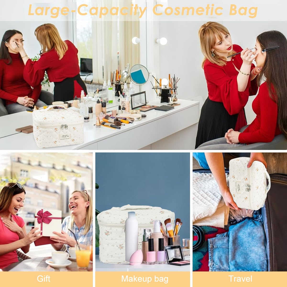 MAYCREATE Makeup Bag for Travel and Everyday Use with 25x15x16cm Capacity | Soft Cotton Floral Organizer