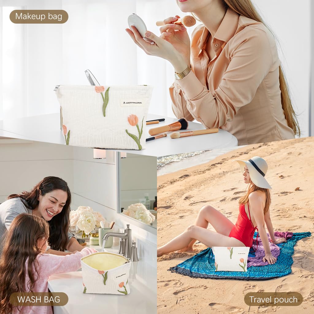 MAYCREATE Tulips Makeup Pouch Bag for Travel with Smooth Zipper Closure and 26x19cm Capacity | Textured Polyester Organizer for Women
