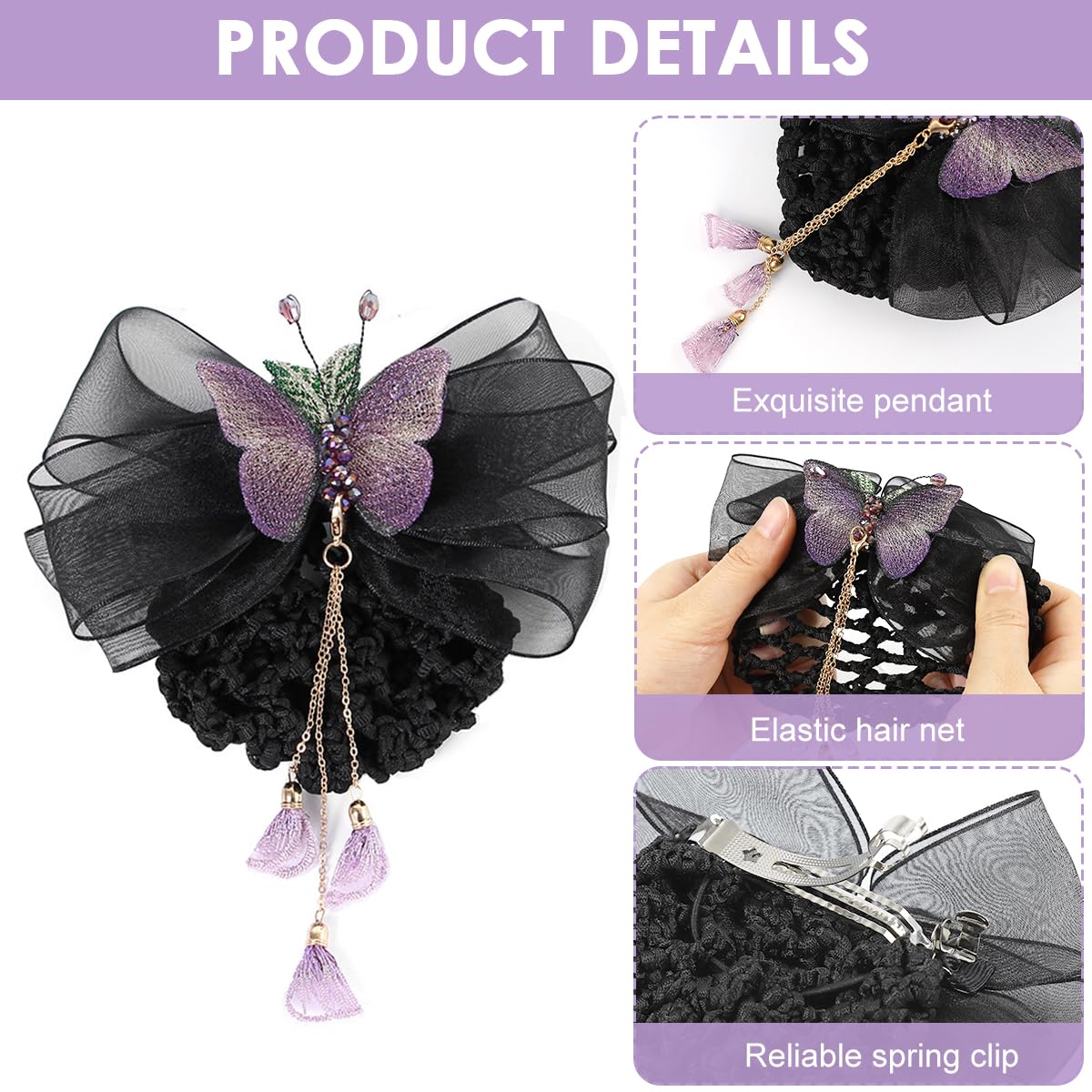 MAYCREATE Hair Net Barrette with Butterfly Lace Bowknot for Women and Girls | Nylon Bun Snood Clip for Work or Dance