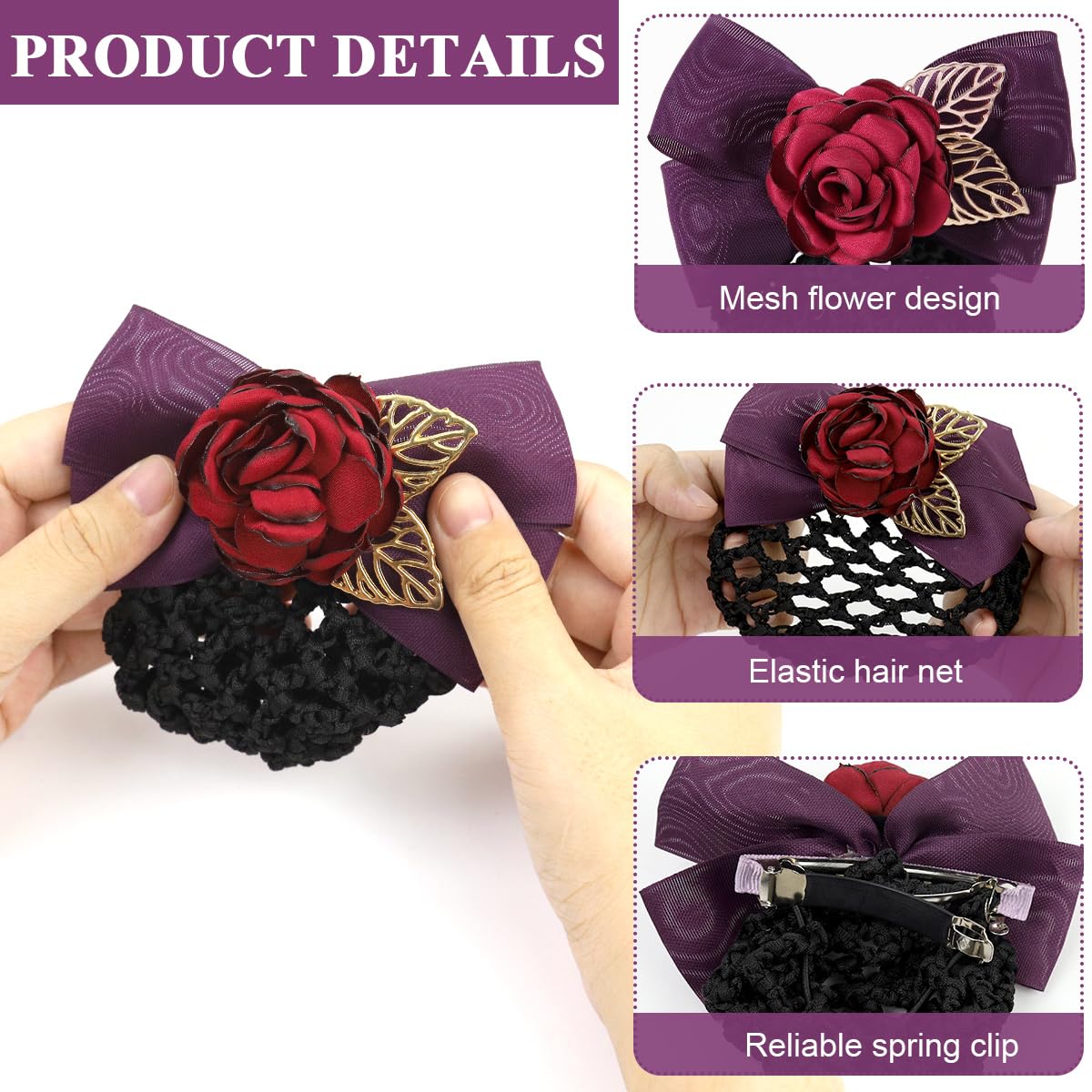 MAYCREATE Hair Bun Net for Women with Clip and Floral Rose Bowknot | 3 PCS Elegant Snood