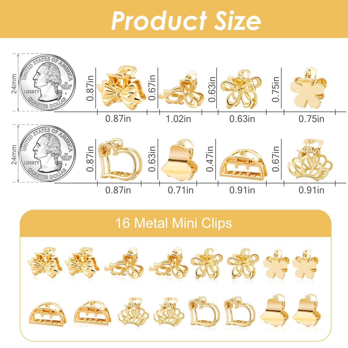 MAYCREATE Hair Claw Clips for Women with Strong Grip Teeth featuring 8 Designs 16 Pcs Gold Set