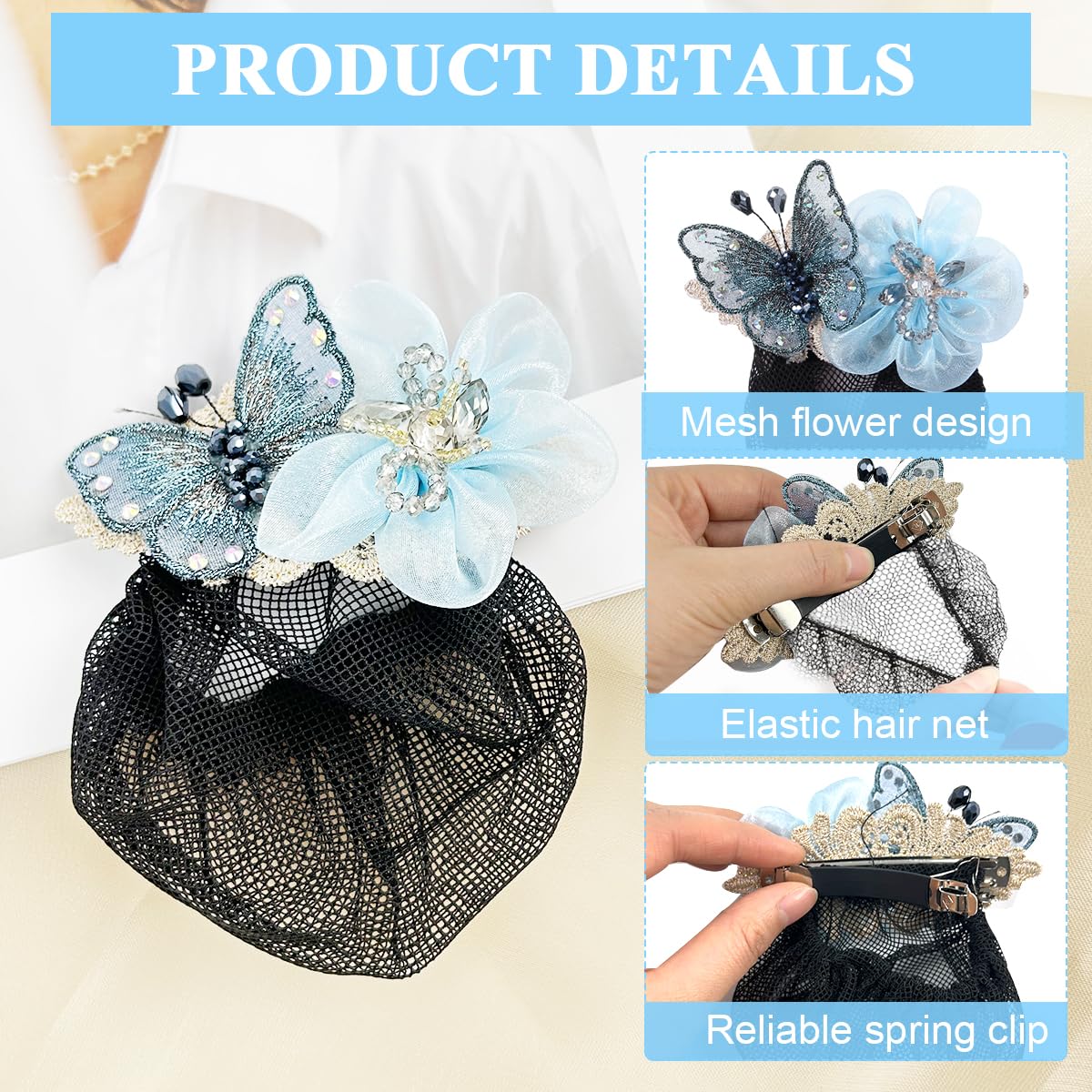 MAYCREATE® Hair Snood Net Hair Bun Accessories for Women, Stylish Clip Hair Net for Women for Bun, Mesh Bun Maker for Hair, Hair Bun Cover Hairnet for Daily, Work, Dancer (Blue - Butterfly)