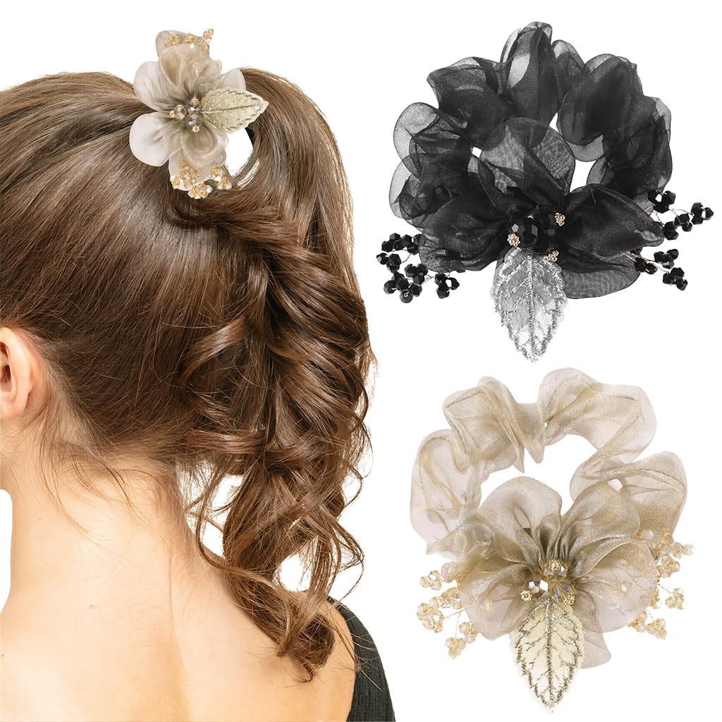MAYCREATE Scrunchie Hair Bands for Women with Beaded Organza Flowers | 2PCS Black and Golden Rose Set