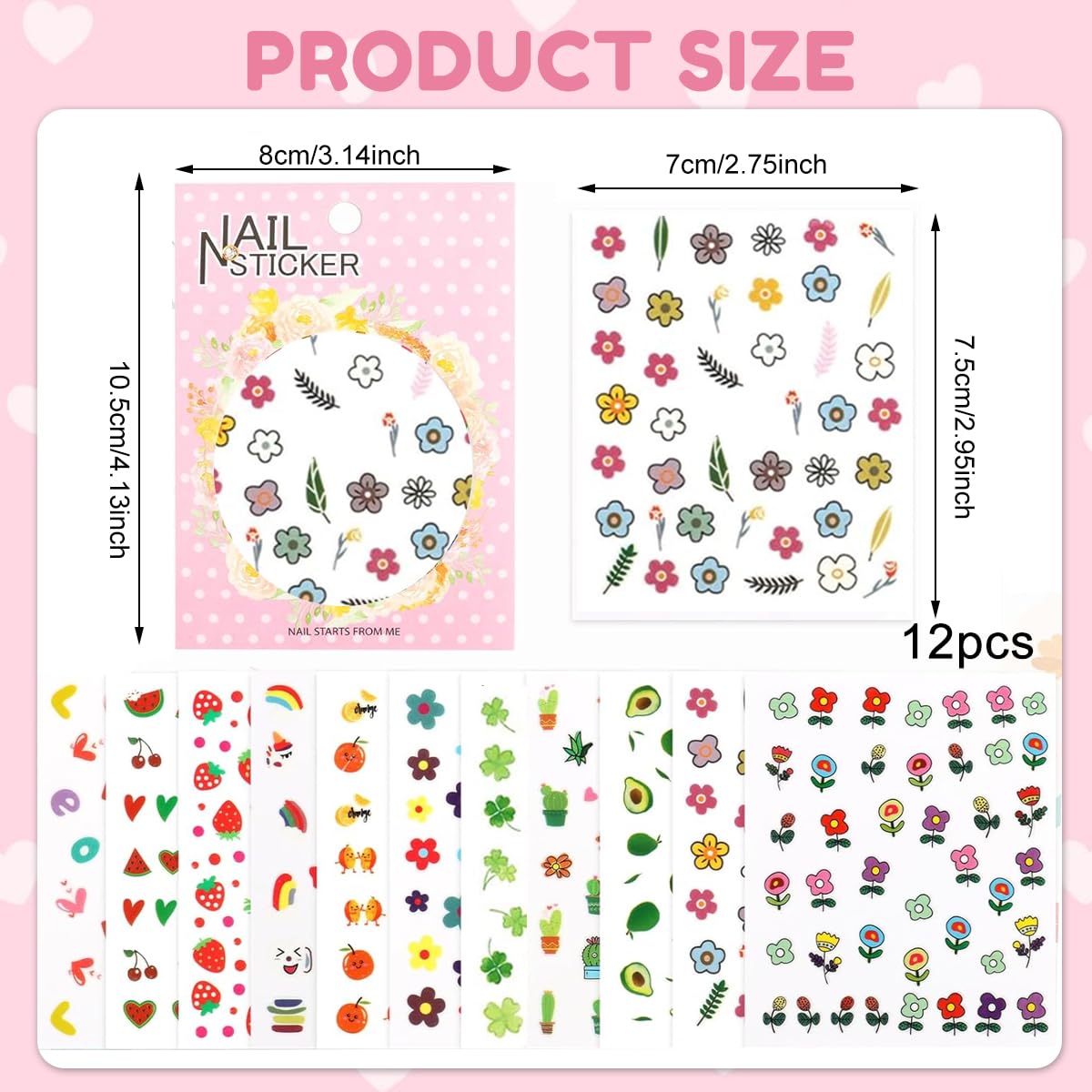 MAYCREATE Nail Stickers for Kids with 12 Self-Adhesive Sheets featuring Fruits and Flowers | DIY Nail Art for Girls and Toddlers