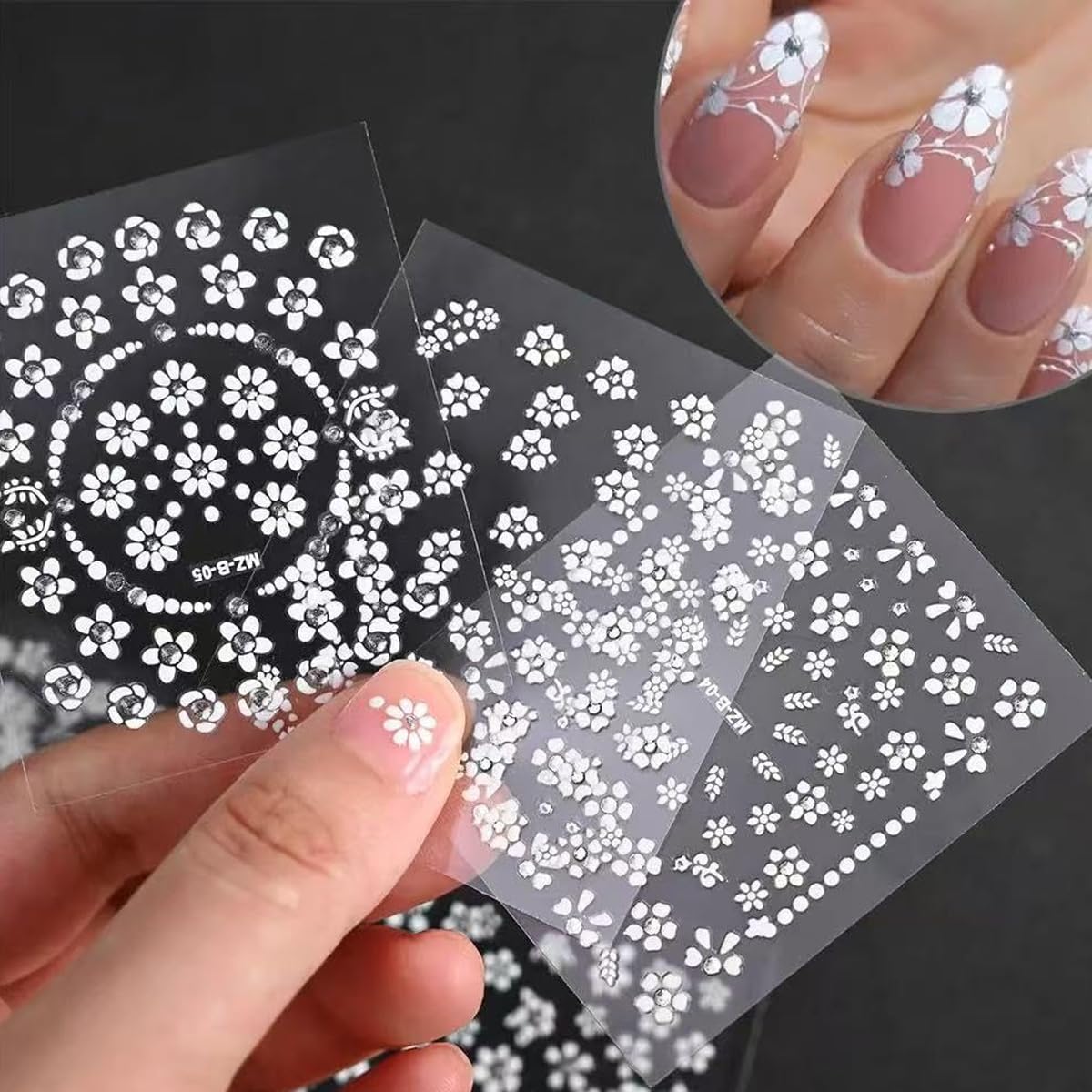 MAYCREATE Nail Art Stickers for Manicure Decoration featuring 30 Sheets 3D Self Adhesive White Flowers | Ideal for Women and Girls
