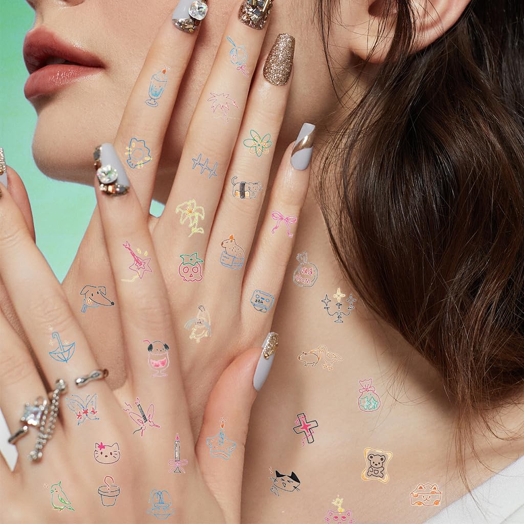 MAYCREATE Temporary Tattoo Stickers for Women and Girls with 8 Sheets Cute Kawaii Designs | Easy to Apply and Remove