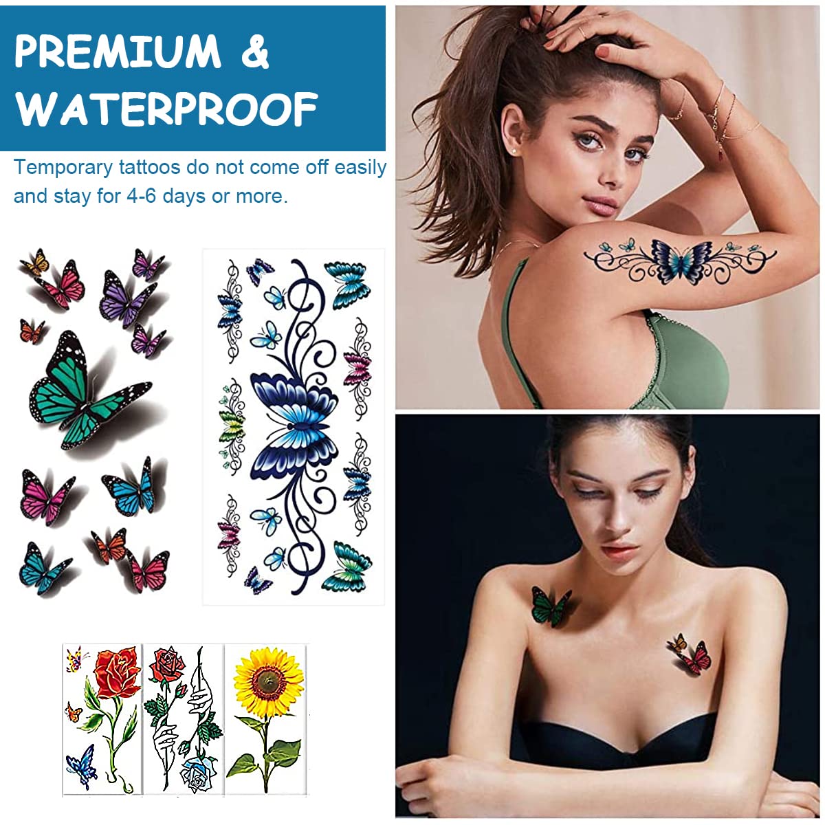 MAYCREATE Temporary Tattoos for Men and Women with 30 Sheets Waterproof Designs | Flowers Roses Butterflies Body Art Stickers