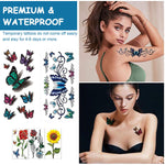 MAYCREATE Temporary Tattoos for Men and Women with 30 Sheets Waterproof Designs | Flowers Roses Butterflies Body Art Stickers