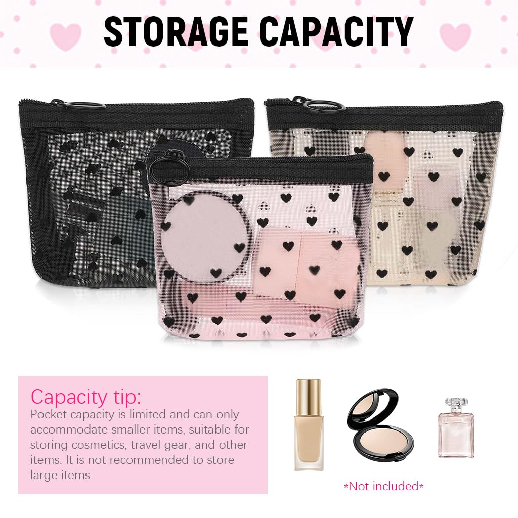 MAYCREATE Small Pouches for Women with Zipper and See Through Mesh 3Pcs 12x9cm | Heart Print Makeup Organizer