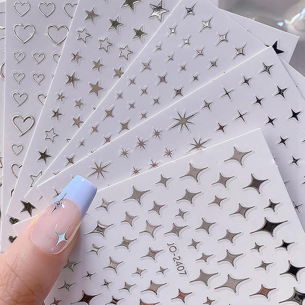 MAYCREATE® 6 Sheet DIY Nail Decal Stickers Y2K Sweet Chic Metallic Touch Silver Star Heart Nail Art Decals, Self Adhesive Nail Art Decals Decorative French Nail Decals