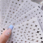MAYCREATE® 6 Sheet DIY Nail Decal Stickers Y2K Sweet Chic Metallic Touch Silver Star Heart Nail Art Decals, Self Adhesive Nail Art Decals Decorative French Nail Decals