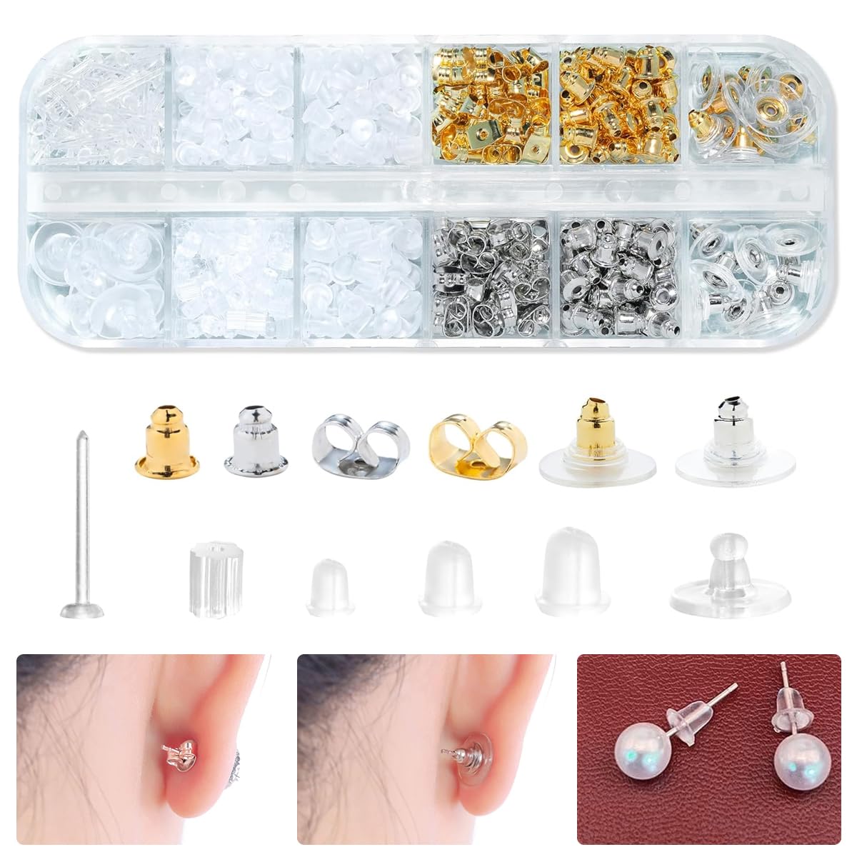 MAYCREATE Earrings Back Stopper for Studs with 600 pcs 12 Styles Silicone Backs | with Storage Box