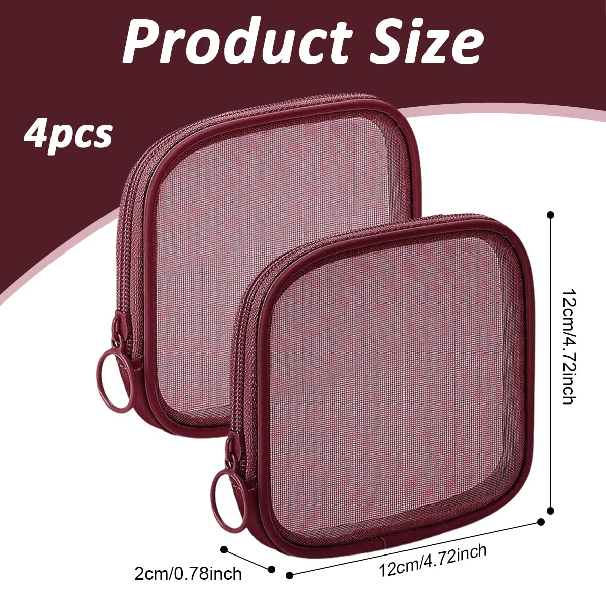 MAYCREATE Mesh Makeup Pouch for Travel with Secure Zipper 4pcs 4.7 in Nylon Bags | Wine Red