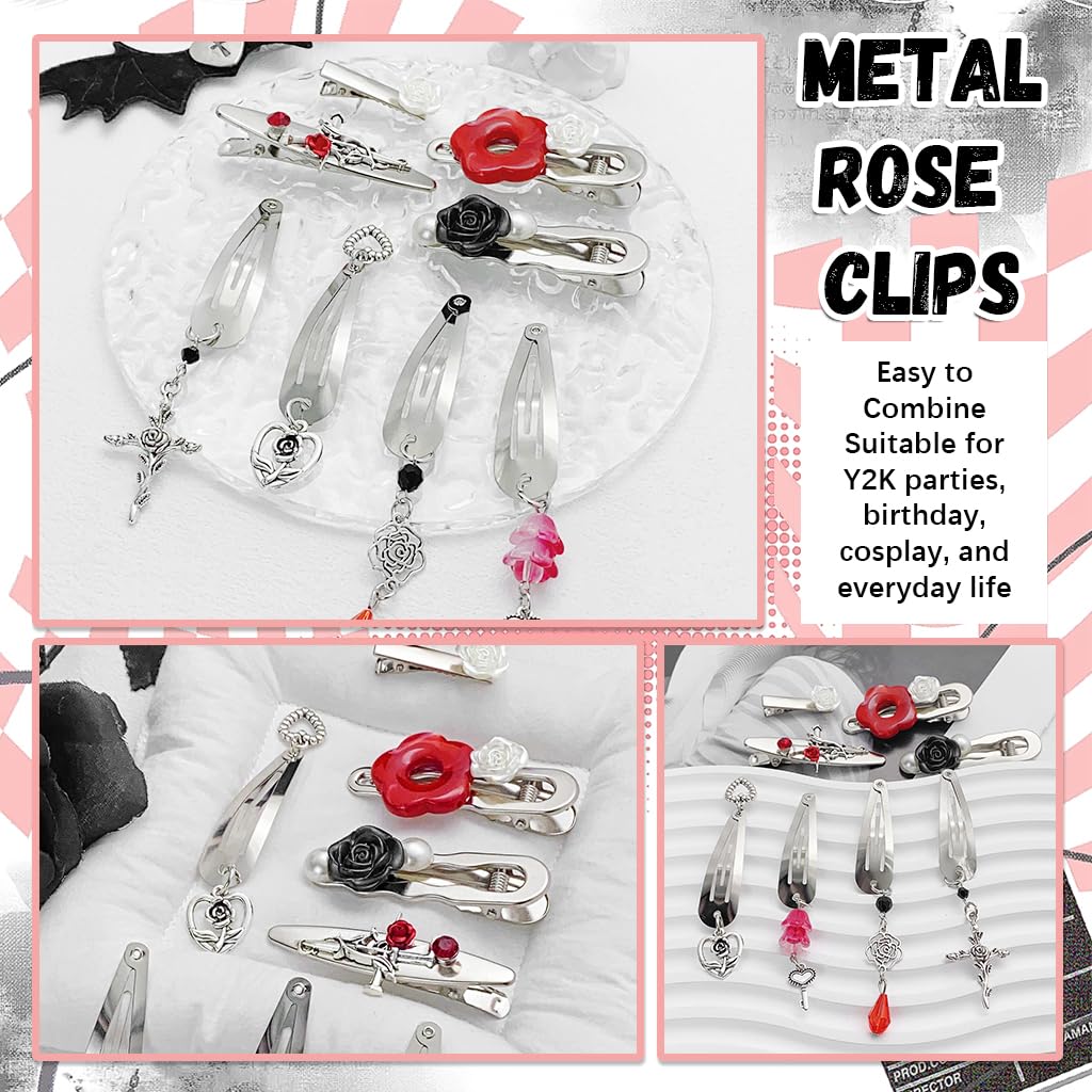 MAYCREATE Hair Clips for Women featuring 8 Metallic Flower Charms | Y2K Korean Style Barrettes