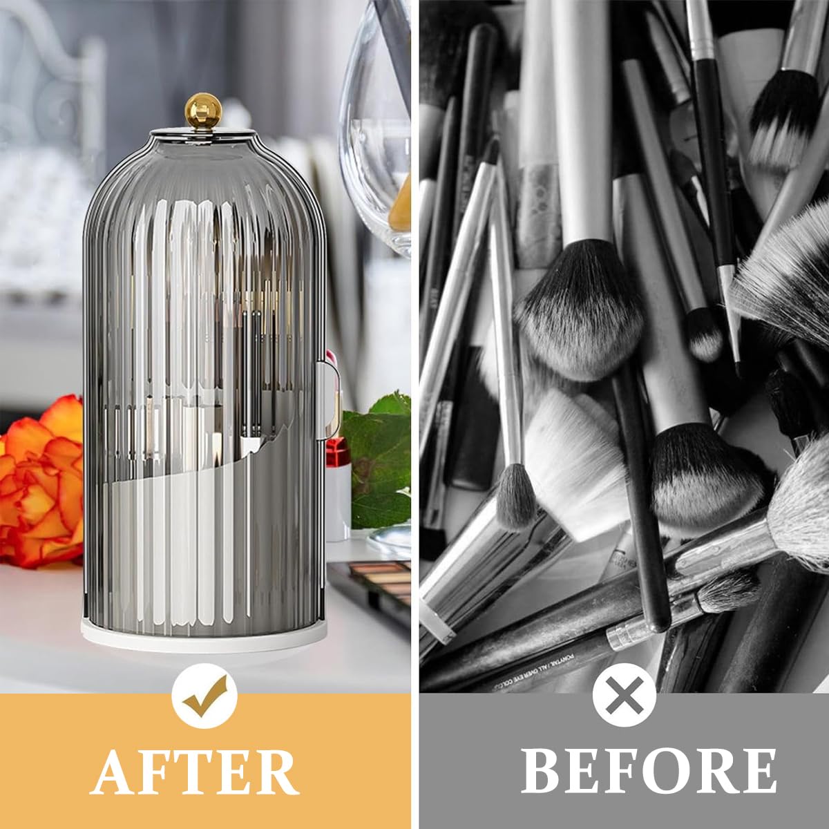 MAYCREATE Makeup Brush Holder for Vanity with 360° Rotatable 3 Grid Design | Grey Plastic Organizer 12.2×27 cm