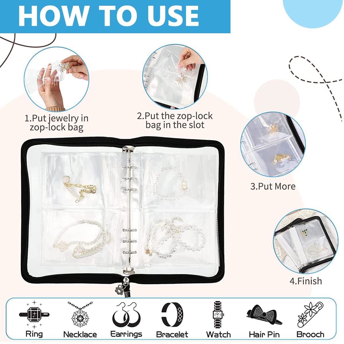 MAYCREATE Jewelry Organizer for Travel with 60 PVC Pouches and Zipper Binder | Transparent Storage Book