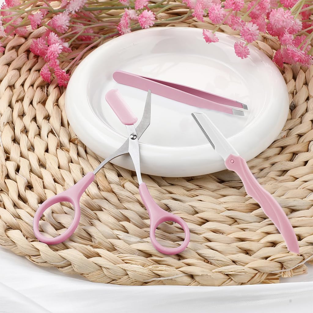 MAYCREATE 3Pcs Eye Brow Scissor Eyebrow Removal Tweezer Eyebrow Trimmer Razor Facial Hair Shaper Eyebrow Trimming Make Up Tool with PU Leather Case Shave and Hair Removal, Pink