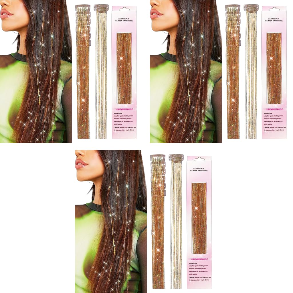 MAYCREATE Hair Tinsel Extensions for Parties with Clip-On Design 18PCS 20.5 Inch Brown | Shiny Strands for Women and Girls