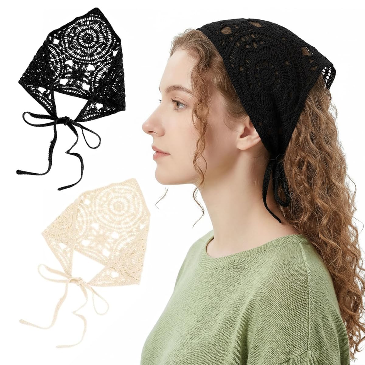MAYCREATE® 2Pcs Head Scarf for Women Girls Boho Countryside Crochet Floral Hair Bands for Women Fashion Hollow Out Headband Bandanas Summer Beach Hair Accessories