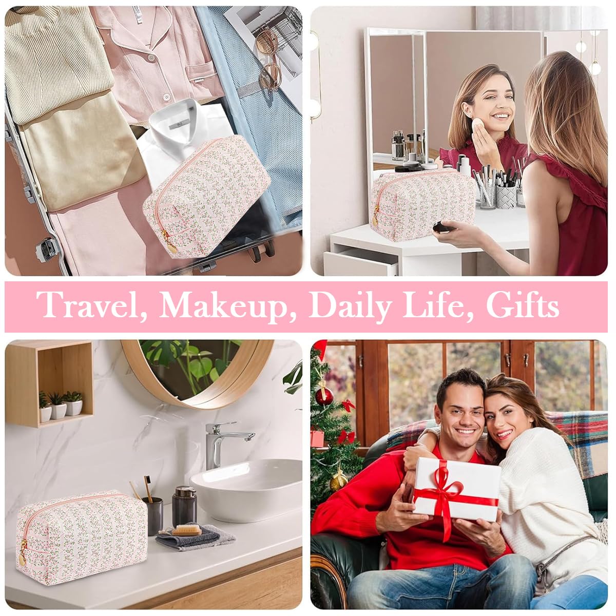 MAYCREATE Makeup Organizer Bag for Travel with Soft Zipper Closure, 20.5x9x9.5cm Pink Floral Pouch | Ideal Gift for Women