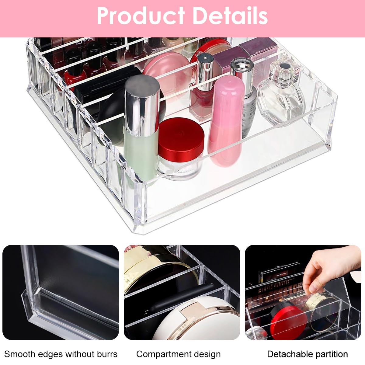 MAYCREATE Makeup Organizer for Vanity with 8 Section Dividers and Clear Acrylic Design | 23.5 x 24.5 x 7 cm Countertop Storage