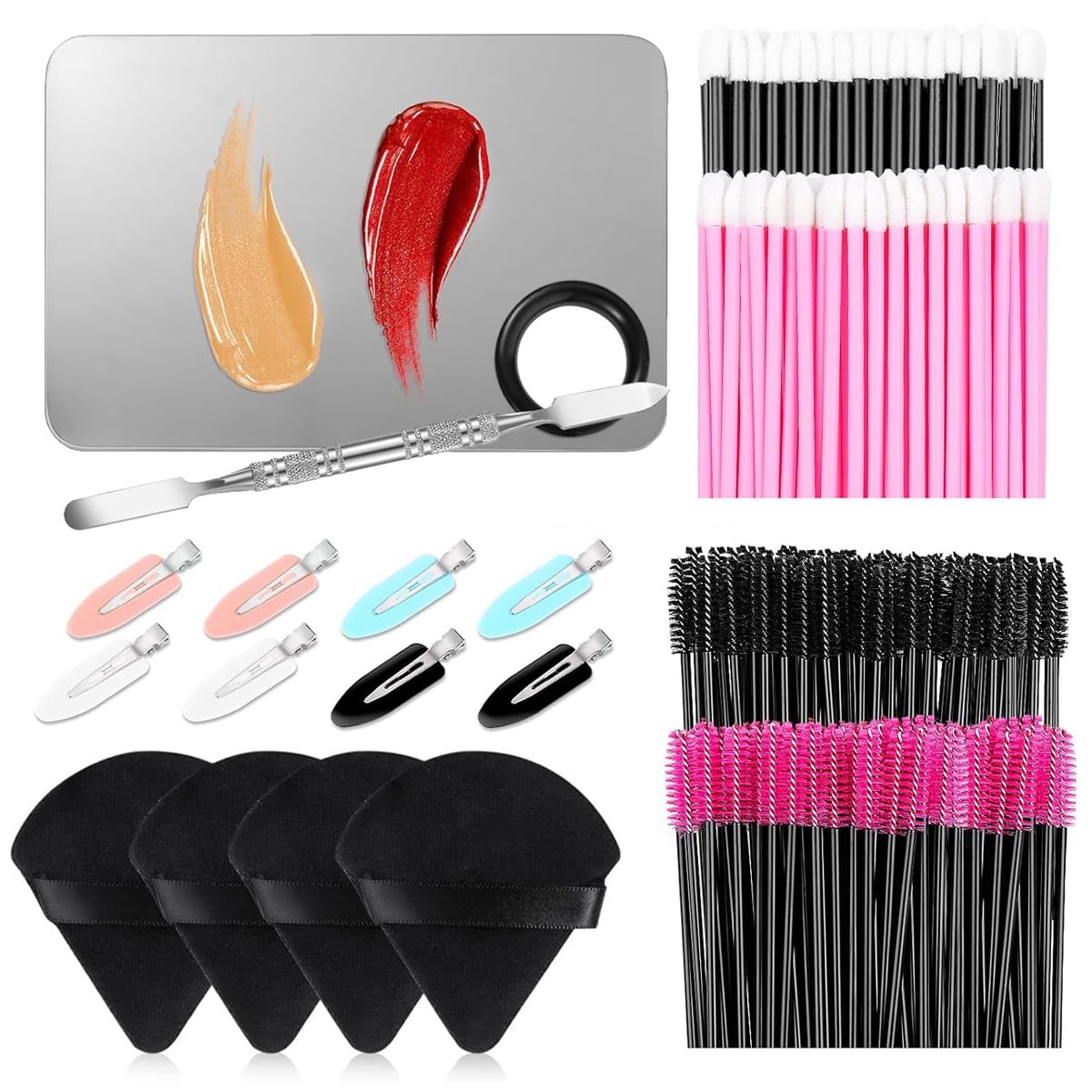 MAYCREATE® Makeup Applicators Kit, Include Mixing Palette, Triangle Powder Puffs,Foundation Spatula, Mascara Wands, Lip Brush and Hair Clips Makeup Acessories Tools Kit